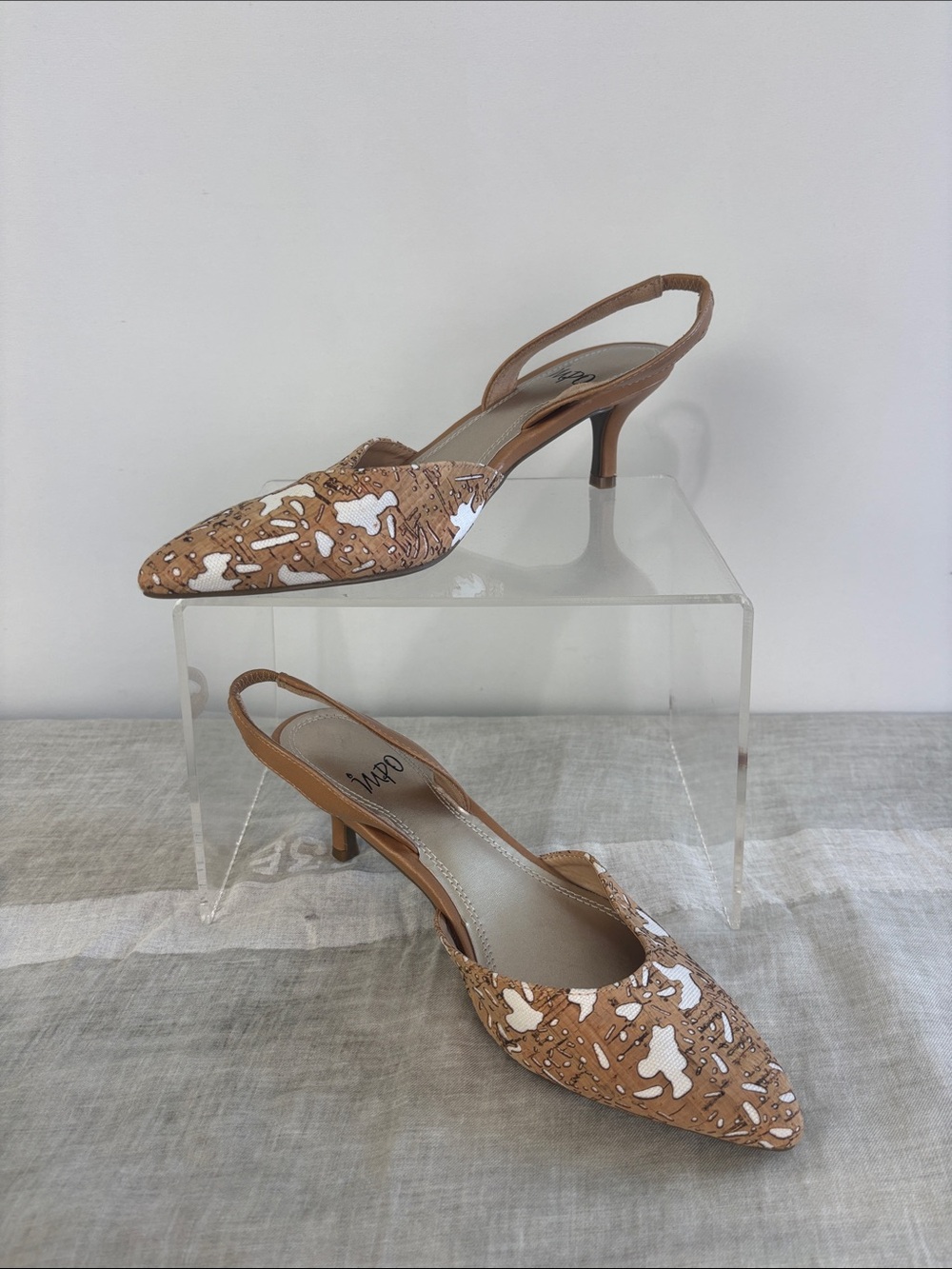 IMPO TAN WHITE PRINT SLING MID HEELS